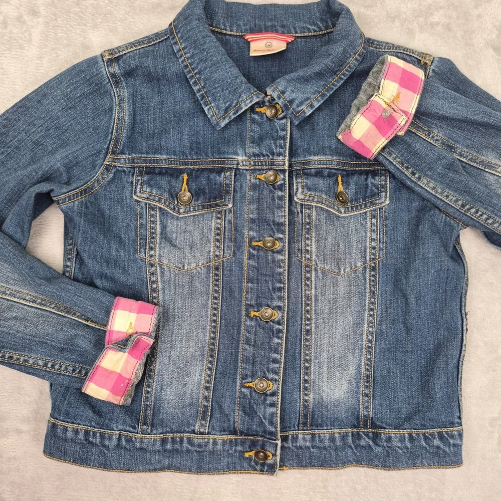 Hanna Andersson Girls Denim Jacket Blue Pink Gingham 160 XL 14 / 16 Youth Kids